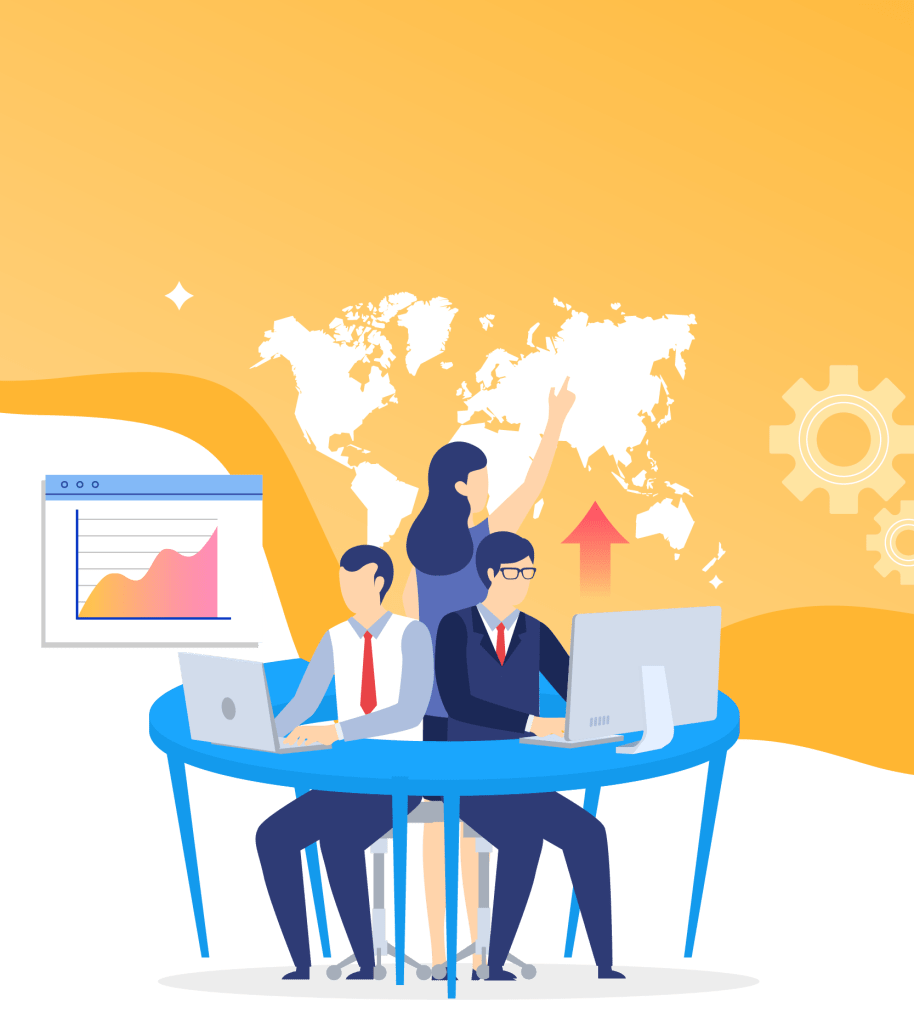 Tres personas en computadora con mapa del mundo